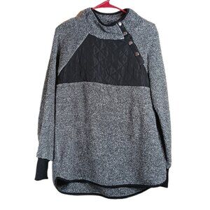 Faux Fur Teddy Pullover Womens Medium Gray Black Quilted Quarter Snap Sweater